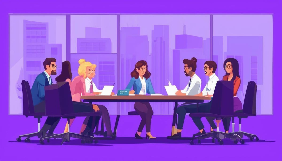 cartoon office staff sitting around meeting table with purple background-Oct-25-2024-03-49-46-0487-PM