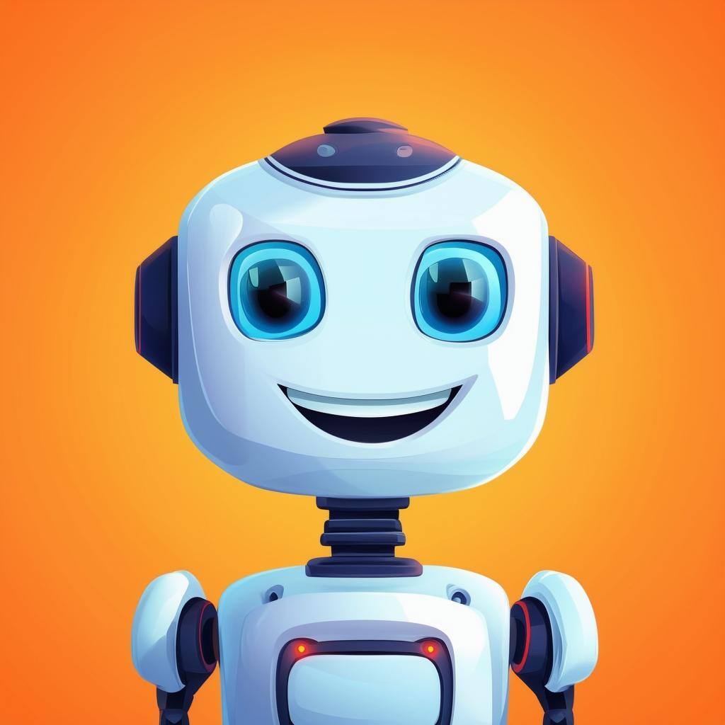 cartoon smiling robot facing front headshot with orange background