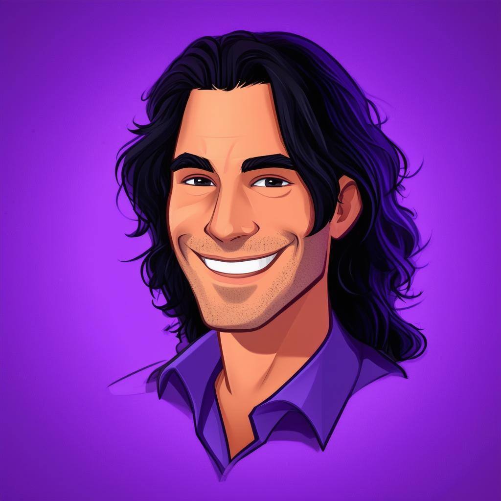 headshot of a smiling cartoon man in shirt with long black hair with purple background