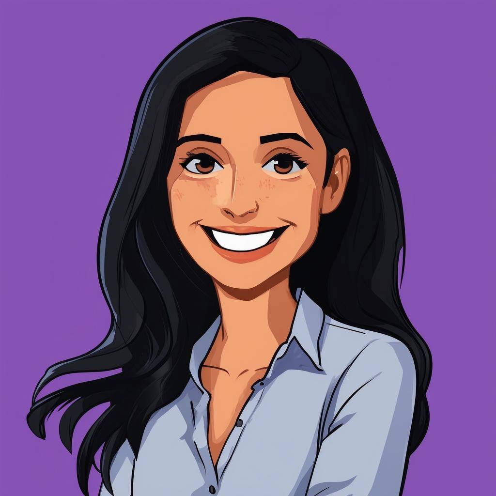 headshot of a smiling cartoon woman in shirt with long black hair with purple background